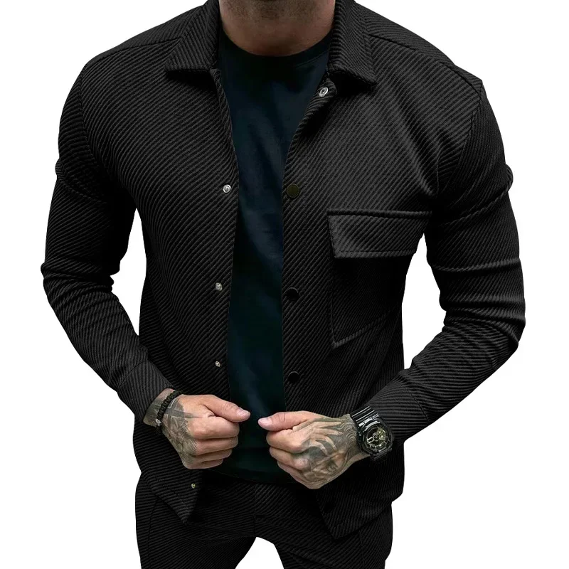 Cross-border autumn casual men\'s heavy-duty twill lapel neck long-sleeved top single-breasted solid-color slim-fit jacket