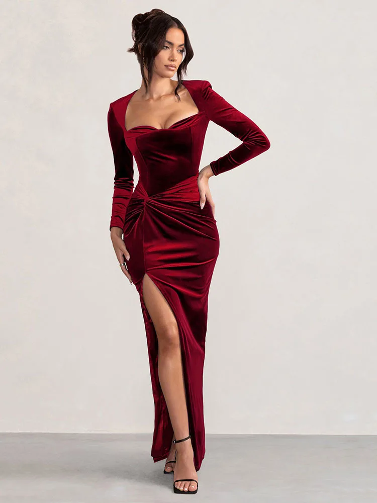 Articat Sexy Velvet Elastic Tight Long Sleeved Dress Elegant Bodycon Slit Party Evening Dress Autumn/winter 2025New Slim Vestido