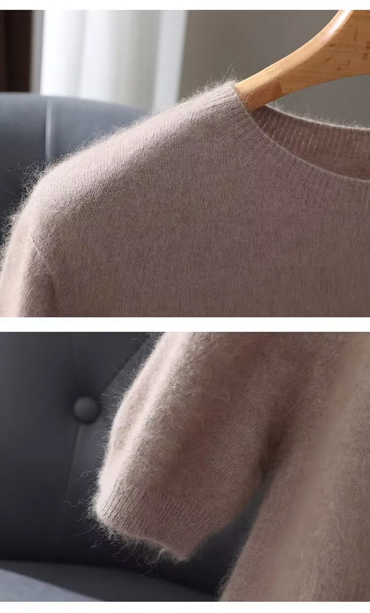 Herrenpullover, kurzärmelig, Sommer-Nerzstrickpullover, lockerer Rundhalsausschnitt, einfarbig, halbe Ärmel, einfaches T-Shirt, lässiges Oberteil – Detail 10