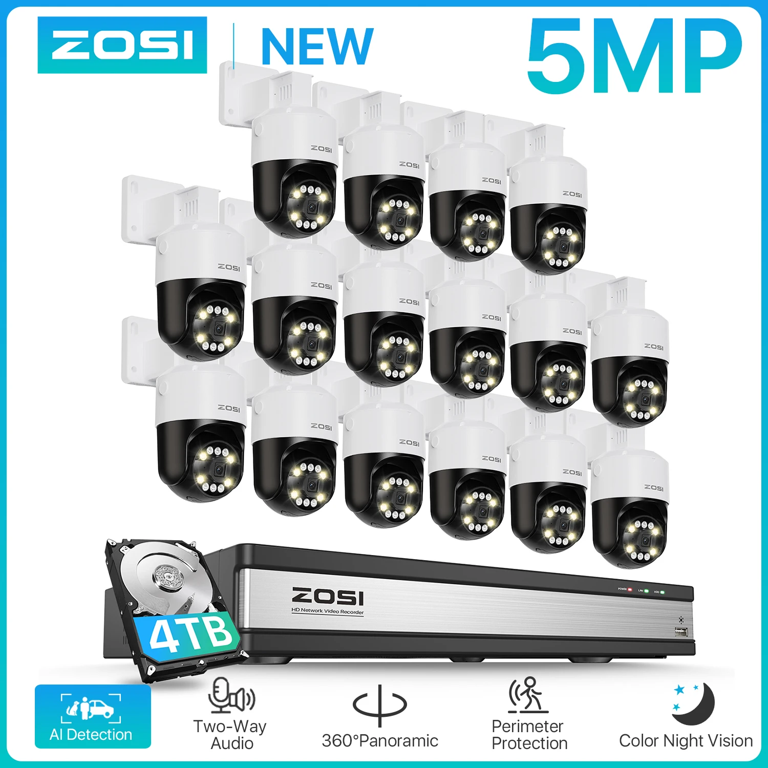 ZOSI 4K 16CH PoE Security Camera System AI Face Person Vehicle Detection 5MP Outdoor Auto Tracking PTZ CCTV Surveillance Camera