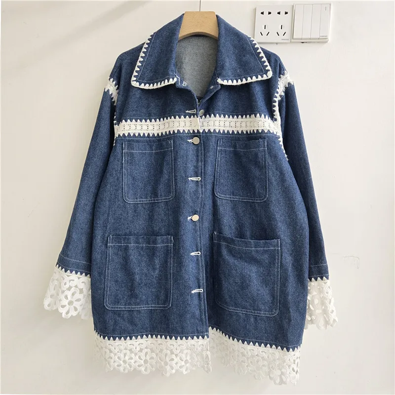 French Niche Autumn New Trendy Line Denim Lapel Splicing Hollowed Out Multi-pocket Lace Contrasting Color Women's Tops Exquisite