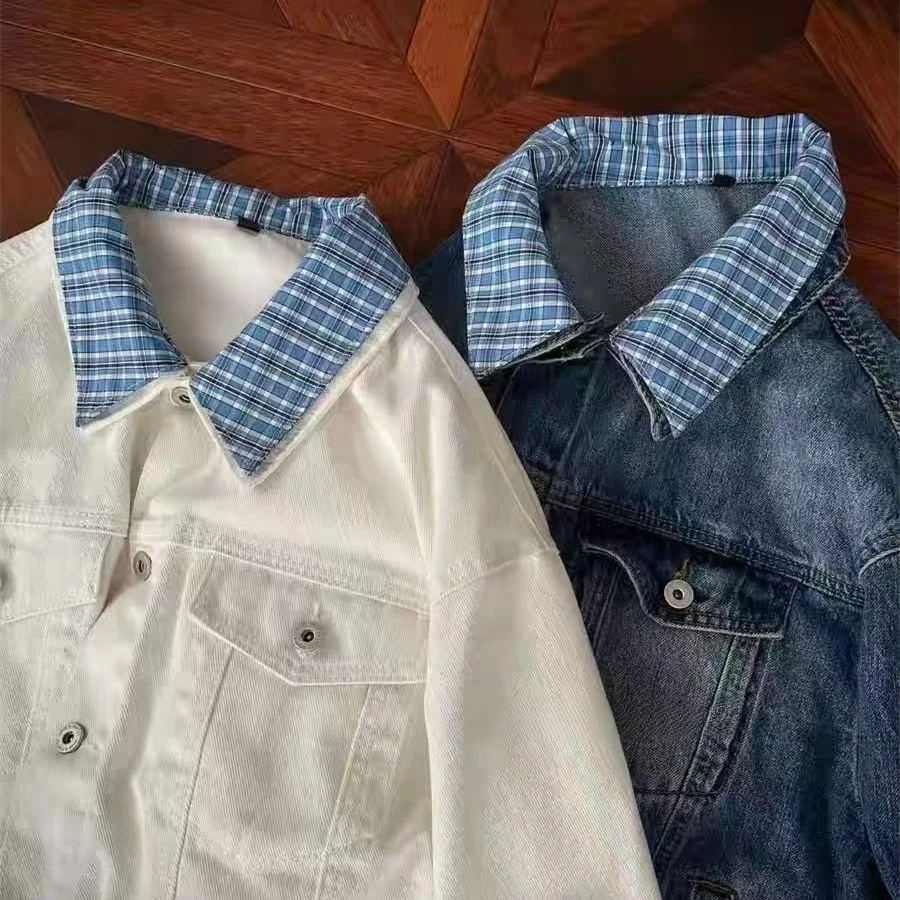 

Men's Plaid Patchwork Workwear Denim Jaet Loose Fit Versatile Cleanfit Sle Long Sve Button Closure No Hat Casual Jeans...