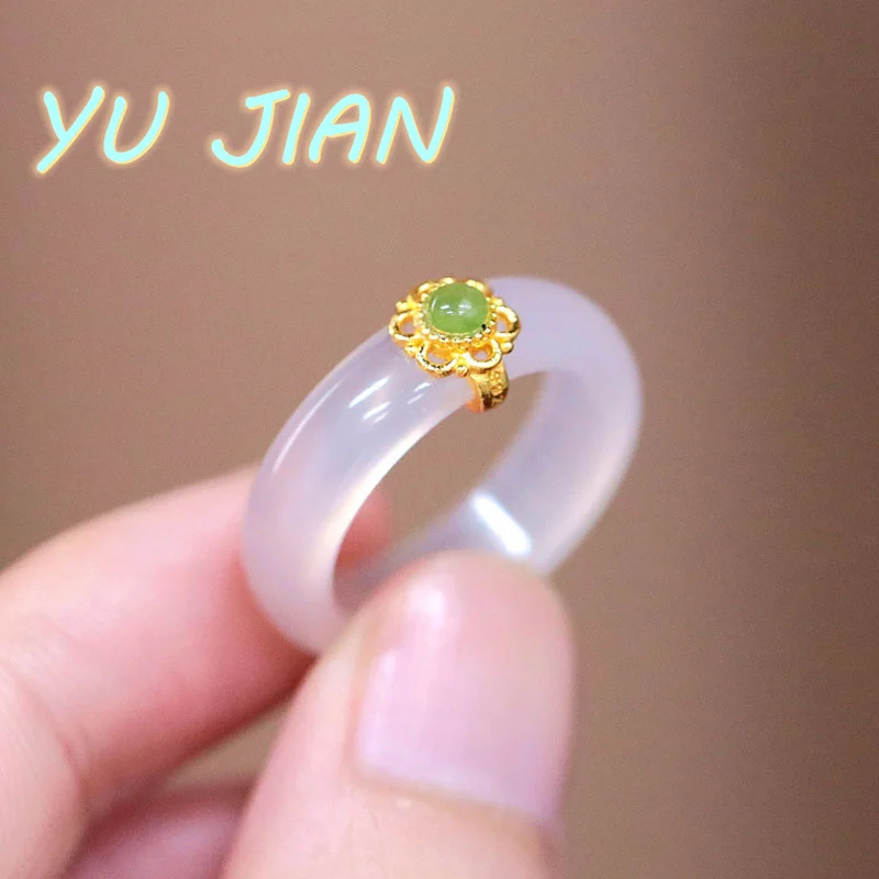 New Natural White Chalcedony Finger-Ring Female Jasper Niche Design Temperament All-match Agate Ring FINE Handring Jewelry