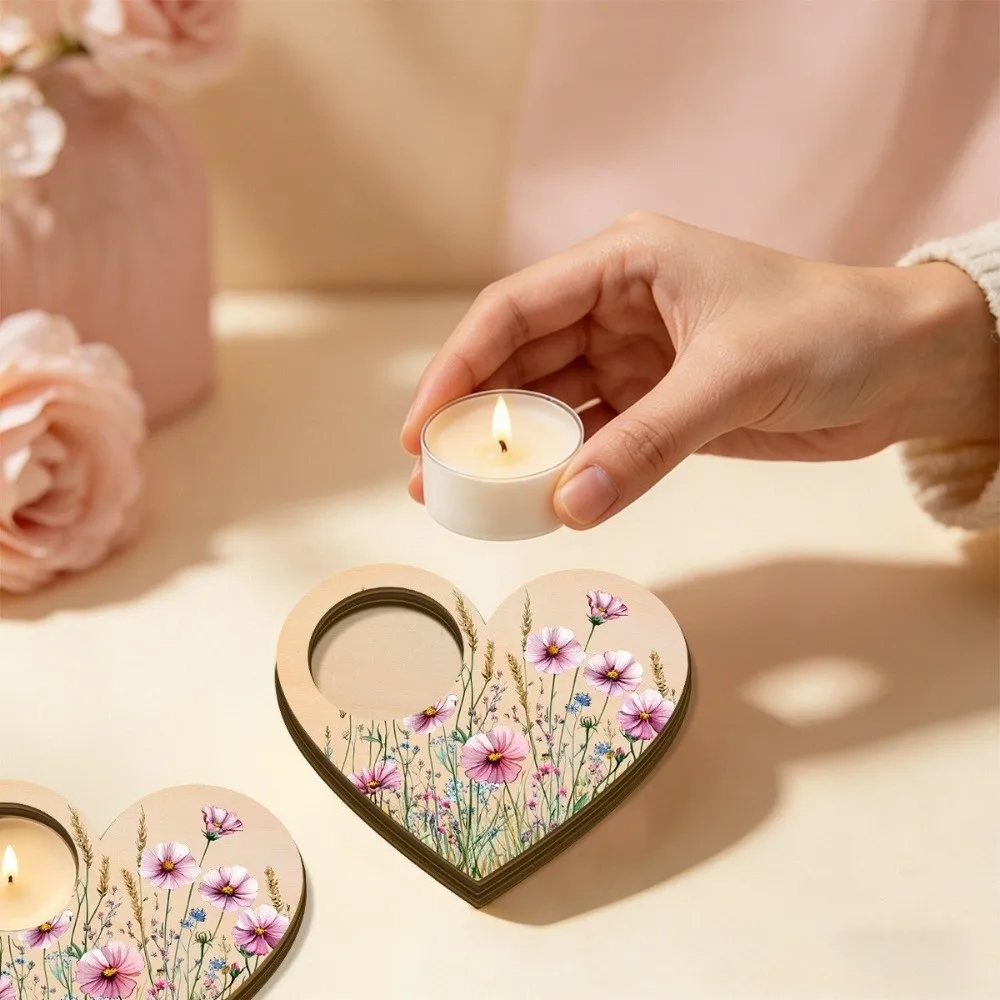 Floral Pattern Heart Shaped Candle Holder Butterfly Candlestick Wooden Candle Holder Ornament Sweet Tealight Tray