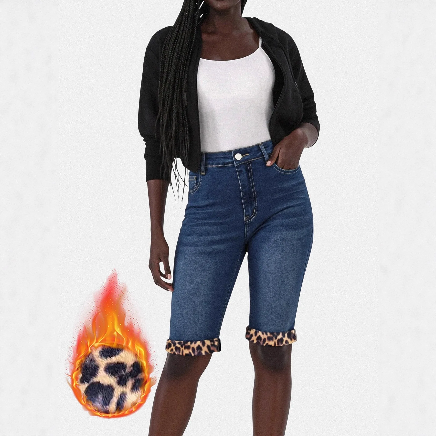 กางเกงยีนส์ทรงตรงห้าส่วนเอวต่ำลายเสือดาวแบบใหม่ ช่วยยกสะโพก