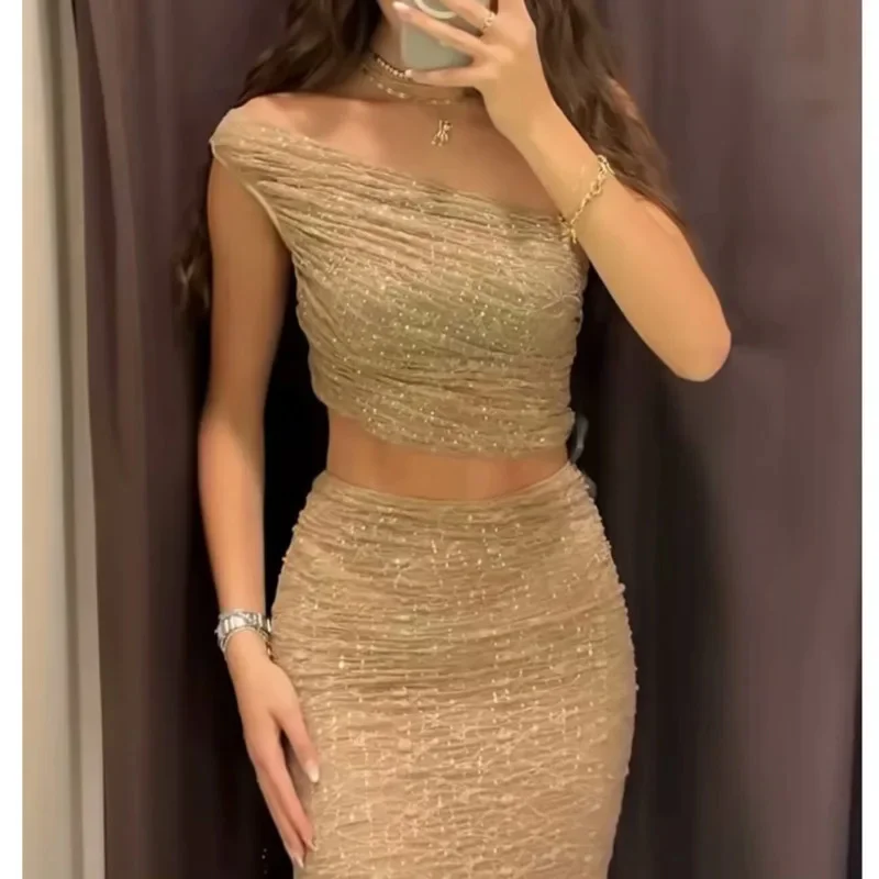 Sexy Glitter Pleated Midi Skirt Sets Women Fashion Slim Oblique Shoulder Sleeveless Crop Top Set 2024 New Lady Club Party Outfit