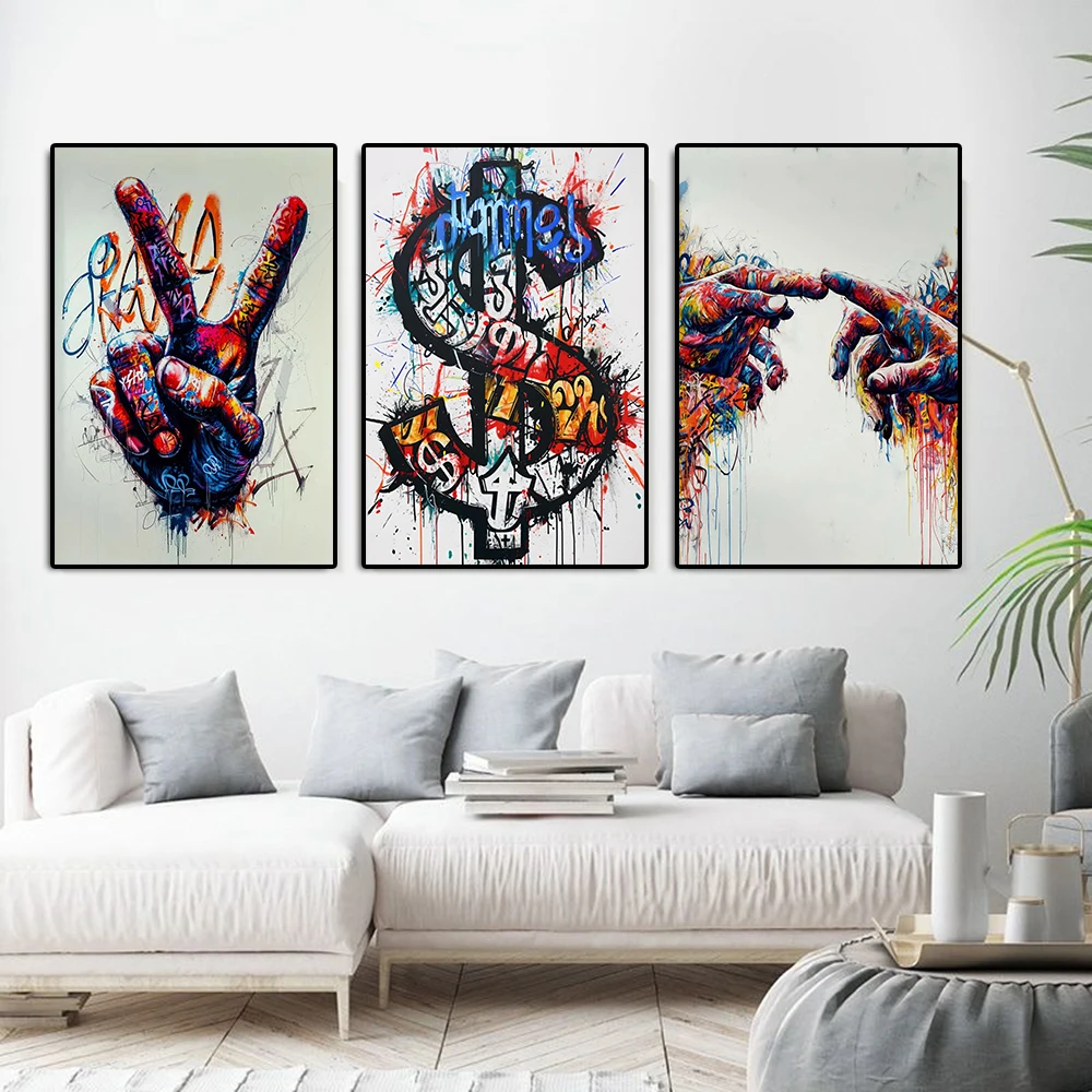 

Abstract Graffiti Dollar Sign Canvas Painting Peace Hand Inspired Colorful Poster And Print Modern Pop Wall Art Room Home Decor