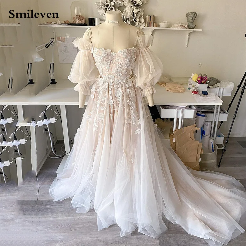 

Smileven Light Champagne Lace Wedding Dress sweetheart Puff Sleeve Bride Dresses Robe De Mariee Wedding Ball Gowns