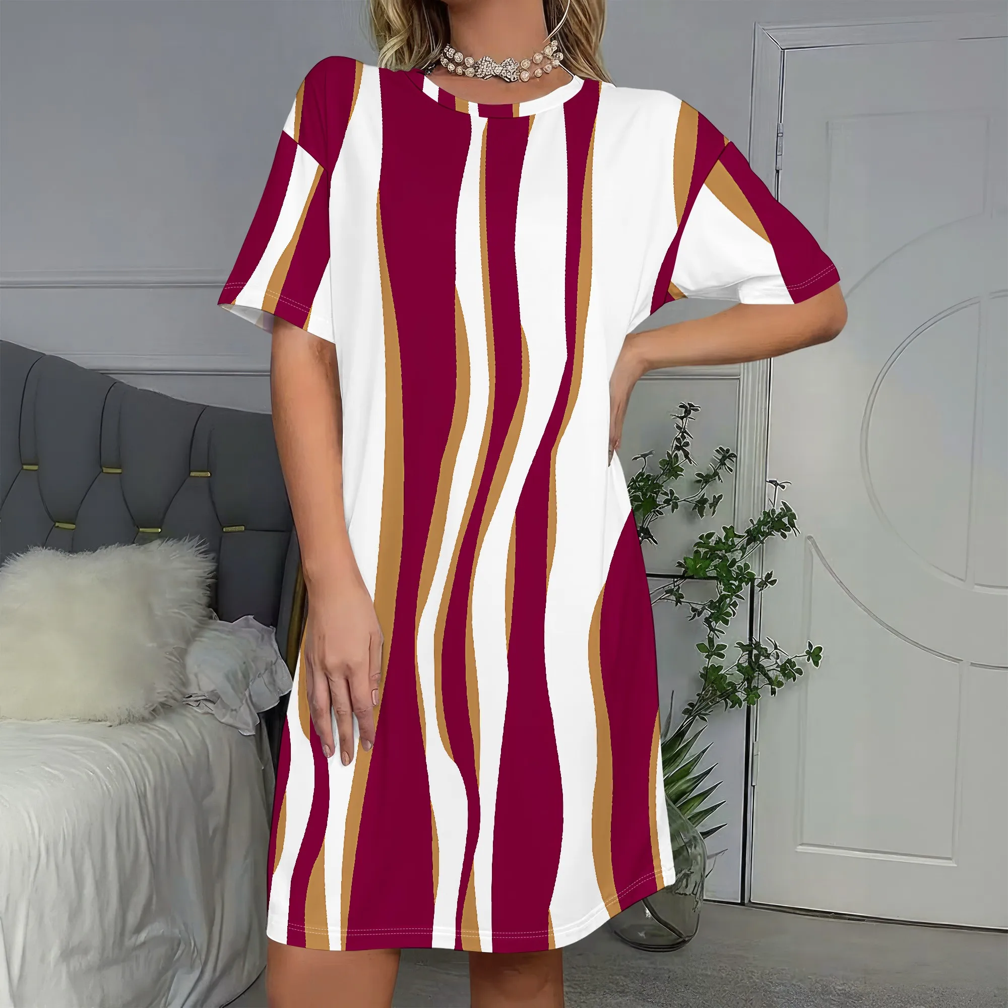 

Bold Striped T-Shirt Dress, Maroon White Gold Print, Casual Short Sleeve Shift Dress for Women, S-2XL