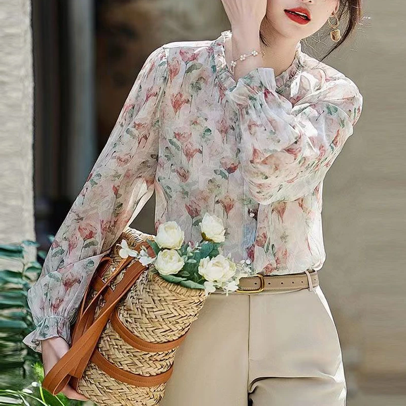 New Women French Style Vintage Floral Print Shirts Elegant Ruffle Long Sleeve Chiffon Blouse Casual Stand Collar Loose Chic Tops