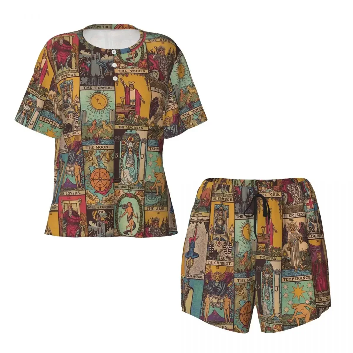

The Major Arcana Of Tarot Vintage Patchwork Round Neck Short Sleeve Nightgowns for Sleeping Women Loose Pajama Set Short Pants