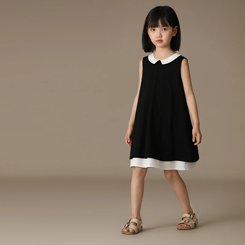 Kids Clothes Girl Summer Dress Sundress New Fake Two-piece Classic Contrast Color Lapel Little Black Dress Sleeveless Vest Skirt