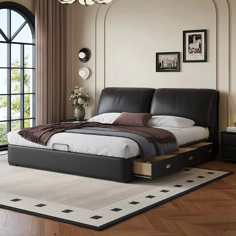 Leather Pretty Double Bed Simple Storage Elegant Matrimonial Italian Queen Bed Villa Luxury Modern Cama Casal Bedroom Furniture