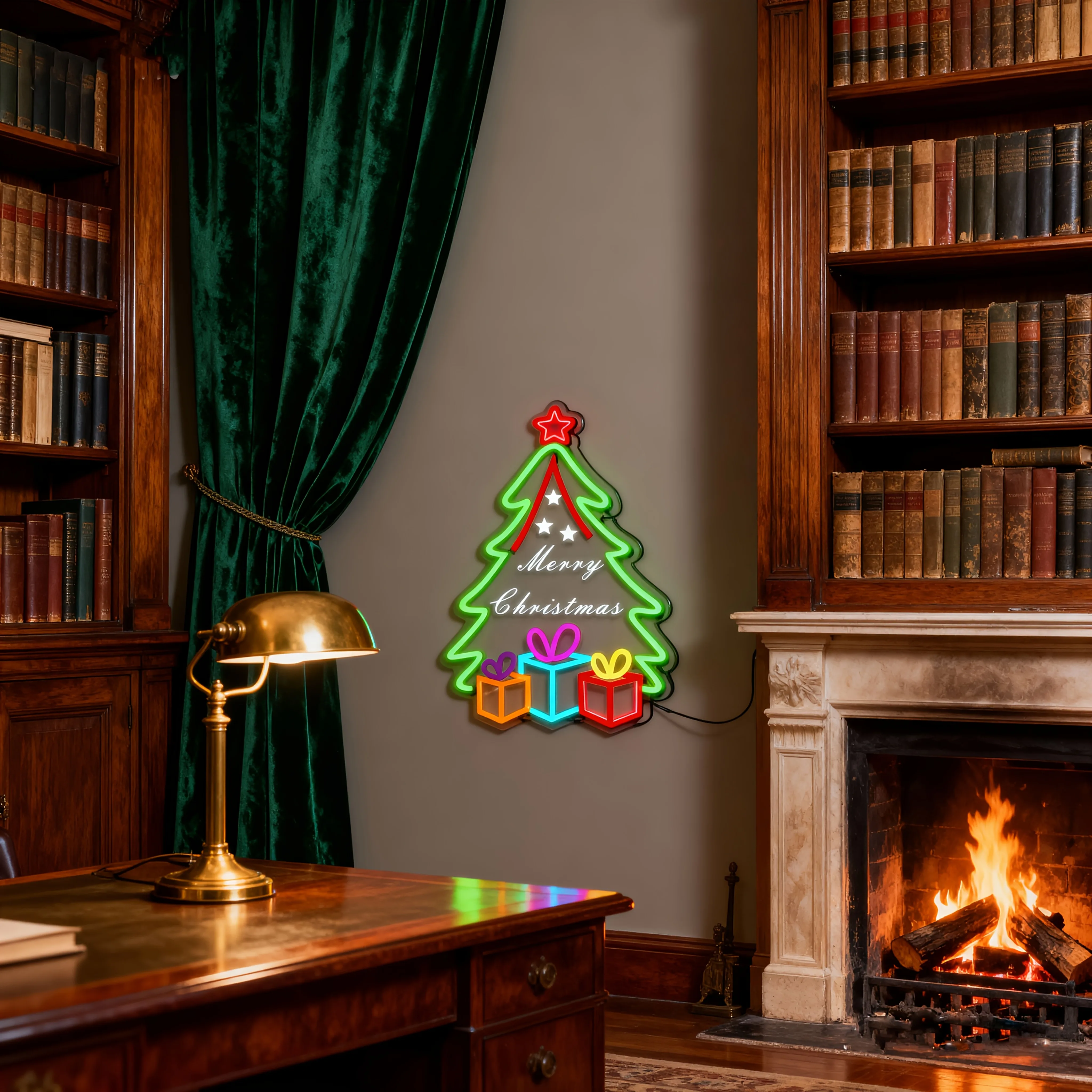 Merry Christmas Neon Sign Tree with Gifts LED Light for Home Party Holiday Decor Festive Wall Art Xmas Gift Idea Warm Green Glow