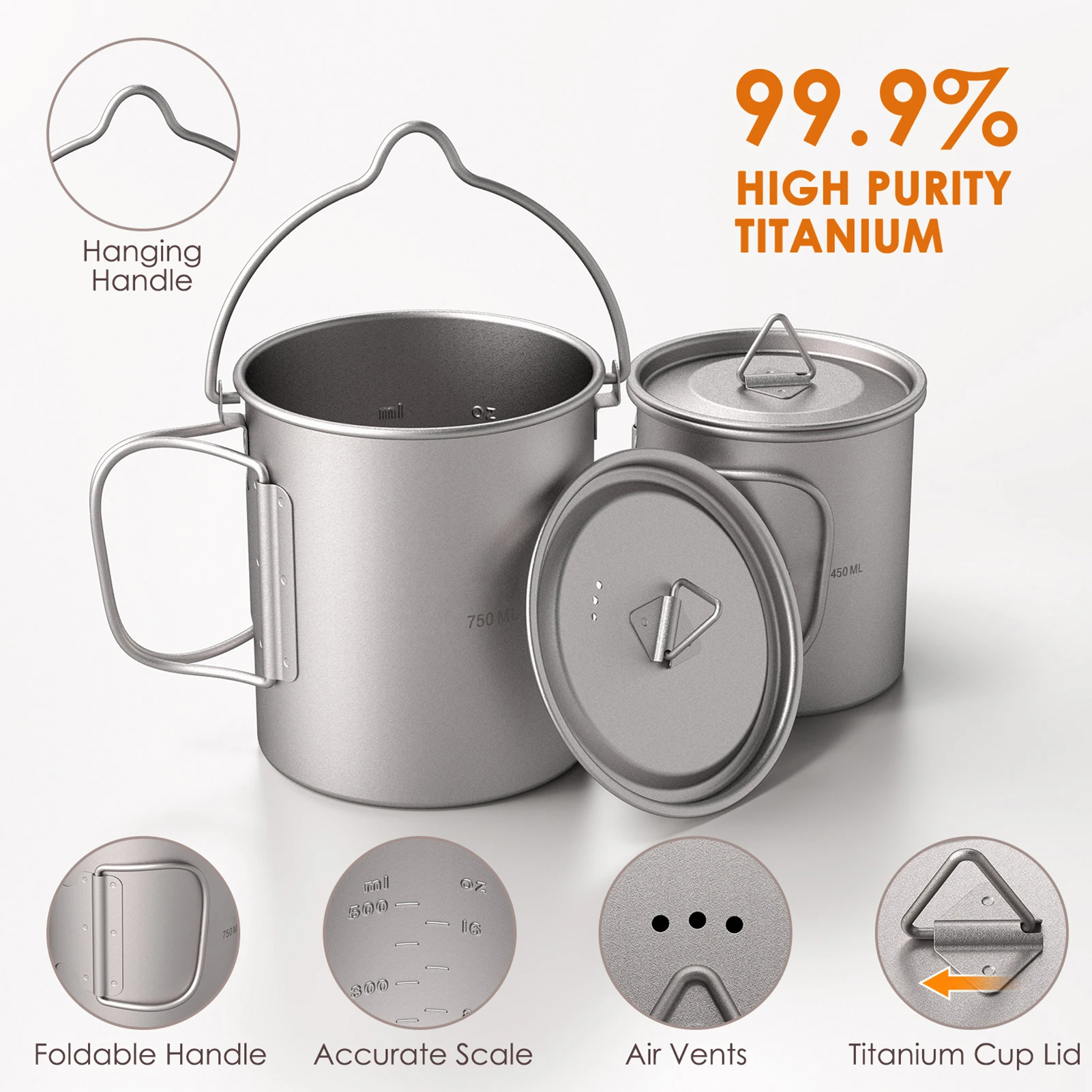 

Ультралегкая титановая кружка-котелок 750 мл с крышкой и складной ручкой для кемпинга, пикника и приготовления пищи на природе, 1 шт.