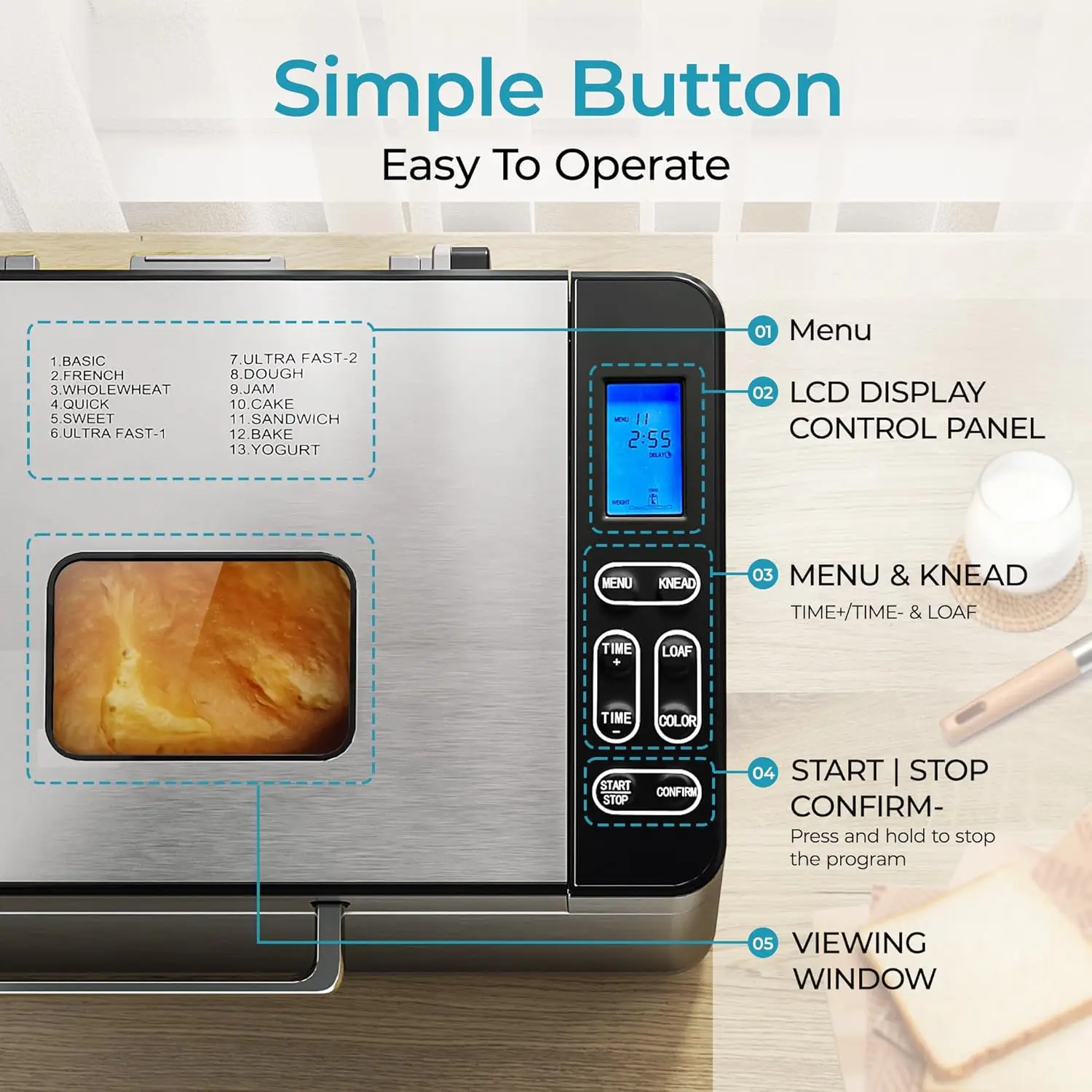 Bread Maker Machine 13 Program 2LB Bread Maker Bread Machine with 3 Loaf Sizes and 3 Crust Colors Breadmaker Dough Maker