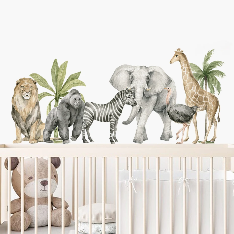 African Animals Wall Stickers Zebra Lion Elephant Tree Wall Decals for Kids room Boys Bedroom Nursery Wall Decorative Home Decor