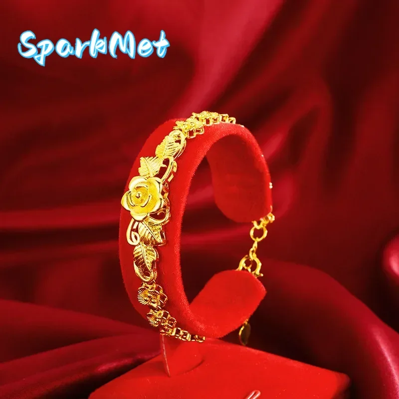 

Рождественский женский свадебный браслет из настоящего золота с песочным цветком розы, золотые струны цветов 999 пробы, бутоны, ручные украшения, свадебный аксессуар