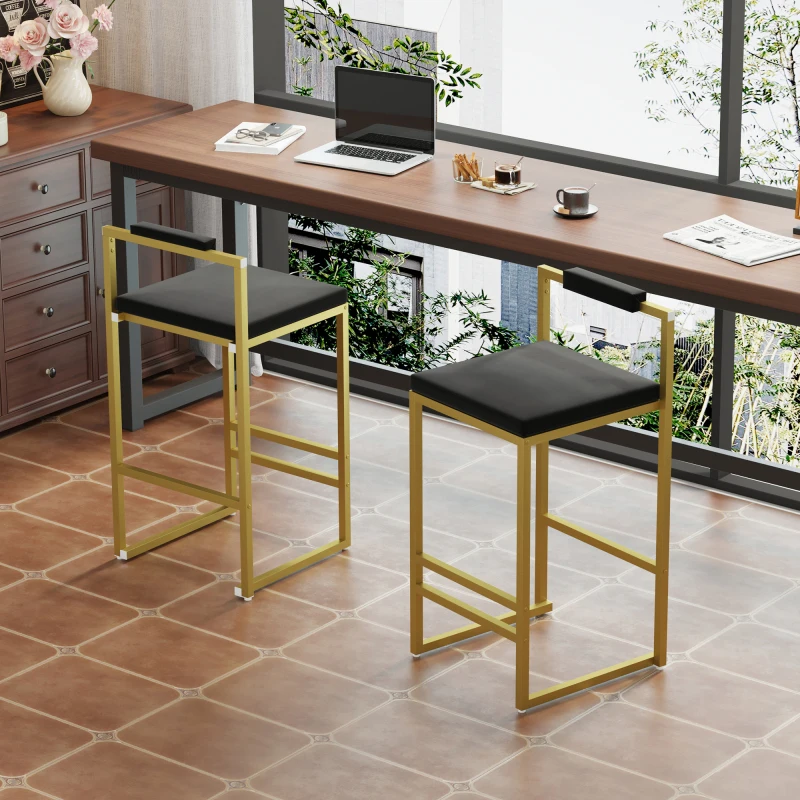 Modern Velvet Counter Height Bar With Low Backrest Set Of 2 Upholstered Dining Stools For Kitchen Island Gold  Black