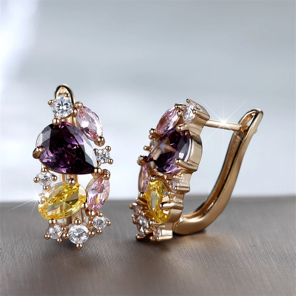 Multicolor Water Drop Stone Purple Crystal Hoop Earrings For Women Vintage Gold Color Ear Buckle Wedding Jewelry Engagement Gift