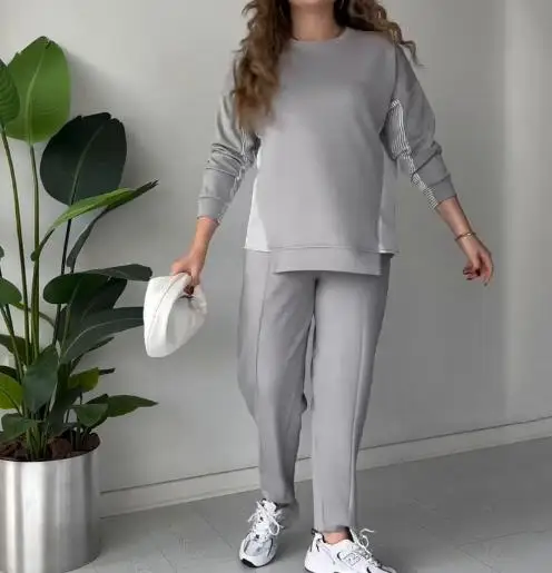 

Two Piece Set Women Outfit 2025 Spring Autumn New Round Neck Stripe Patchwork Long Sleeve Loose Pullover Top & Casual Pants Set