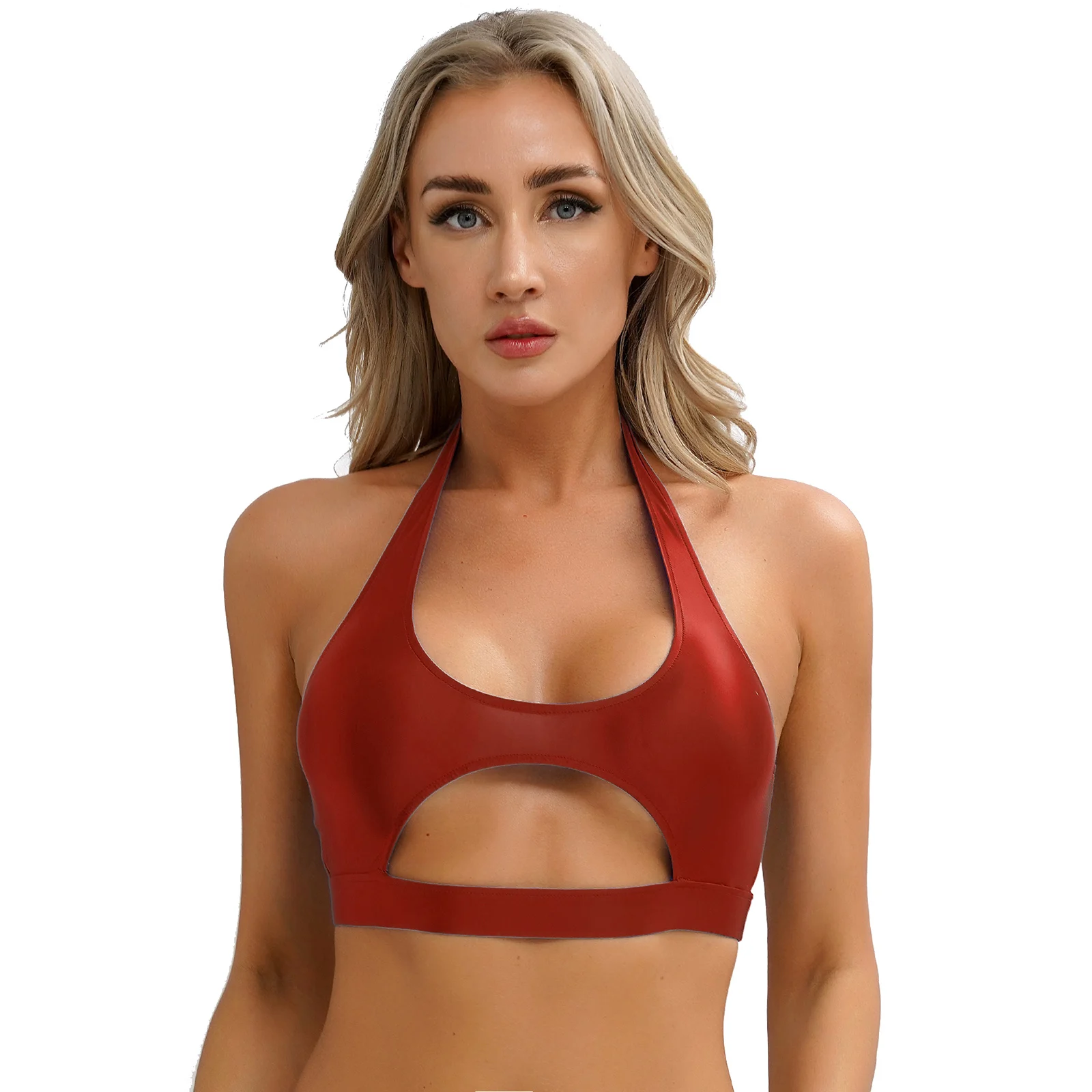 Womens Stretchy Backless Crop Top Swimsuit Tops Glossy Cutout Halter Vest Solid Color Gym Fitness Pool Party Nightclub Costumes