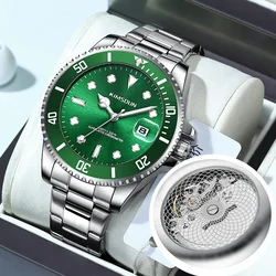 Classic Green Battery-Powered Mechanical Design Quartz Watch Men Rotating Bezel Luminous Dial Steel Strap Luxury Watches KIMSDUN