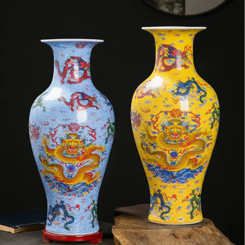 

Jingdezhen Ceramic Jiulong Luminous Vase New Chinese Home Decoration Living Room Antique Frame Antique Ornament