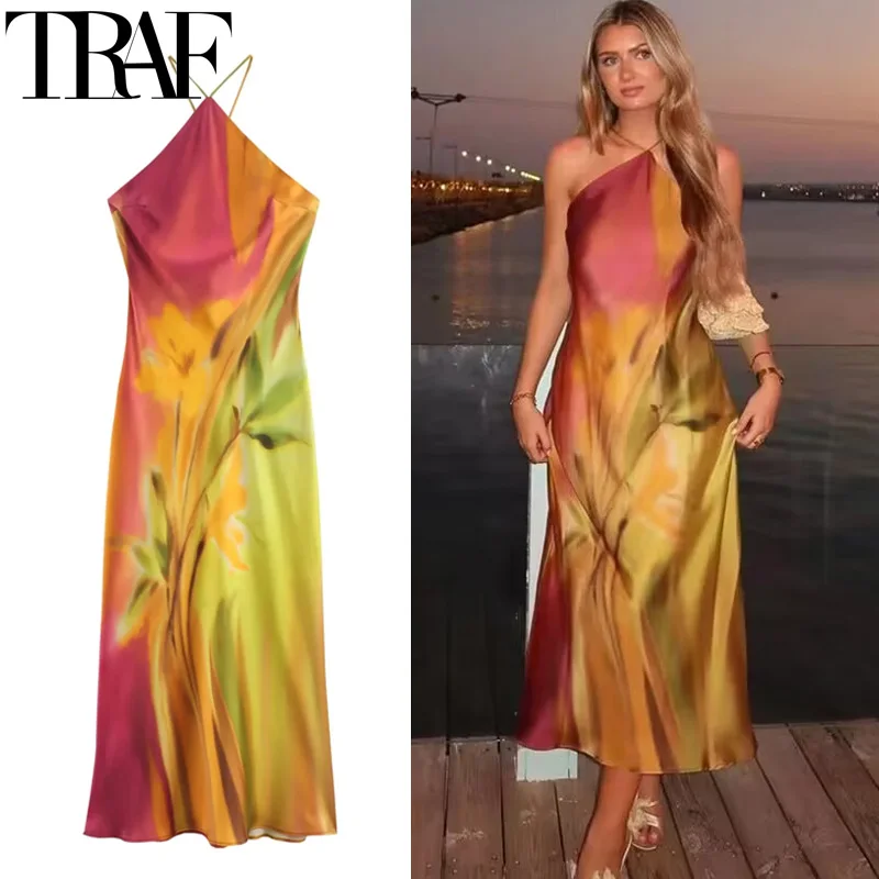 TRAF Women\'s Dress 2024 Print Halter Midi Dresses Summer Tie Dye Long Dresses For Women Backless Sexy Satin Holiday Dresses