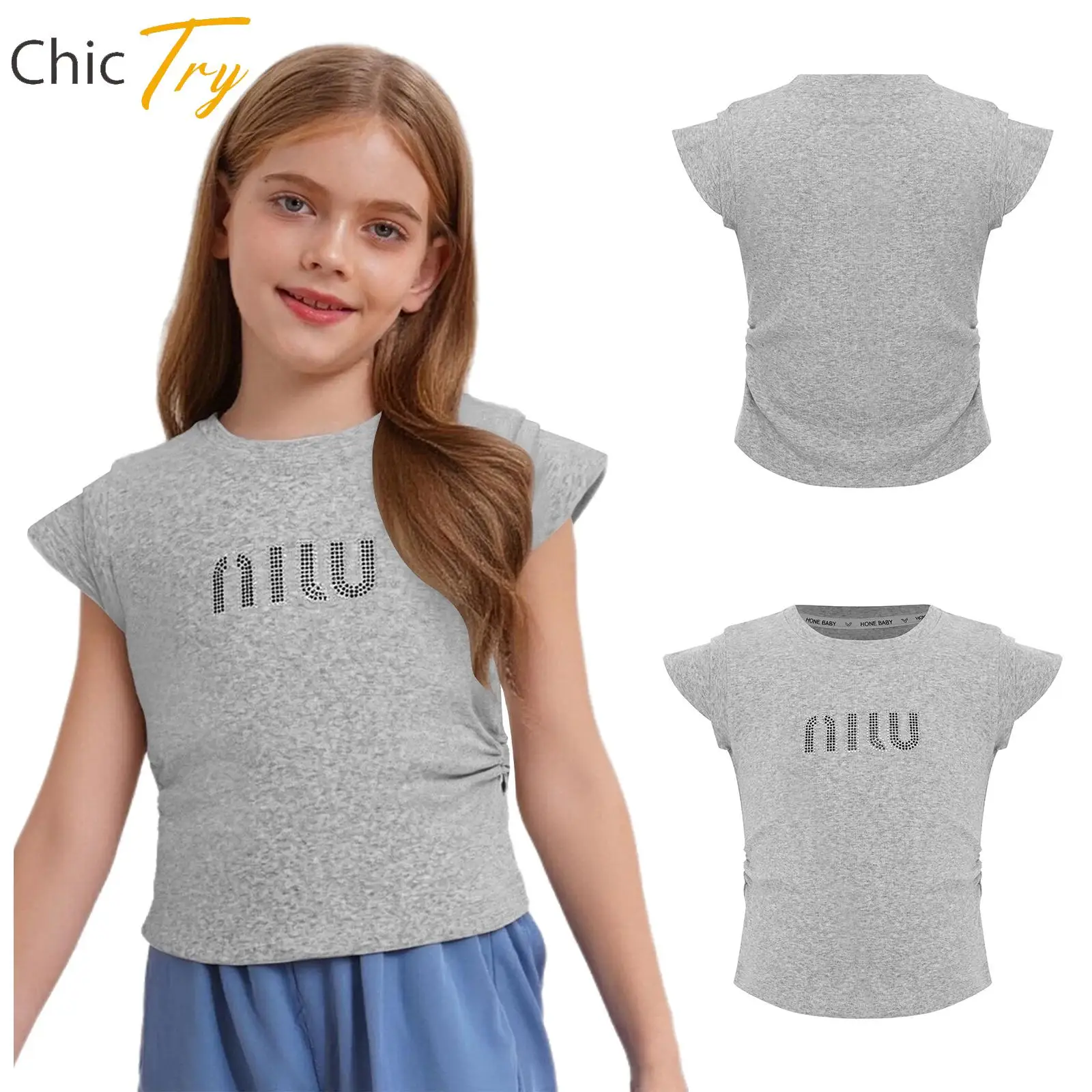 

Child Girls Rhinestone Letter Fitness Sports Vest Sleeveless Ruched Tank Top Kids Hip-Hop Skateboarding Picnic Weekend Costumes