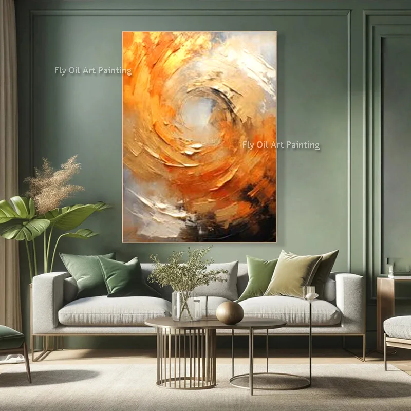Sunset Orange Vortex Canvas Hand Painted Thick Layer Oil Painting, Contemporary Entry Hall Bold Color Vertical Wall Ornament