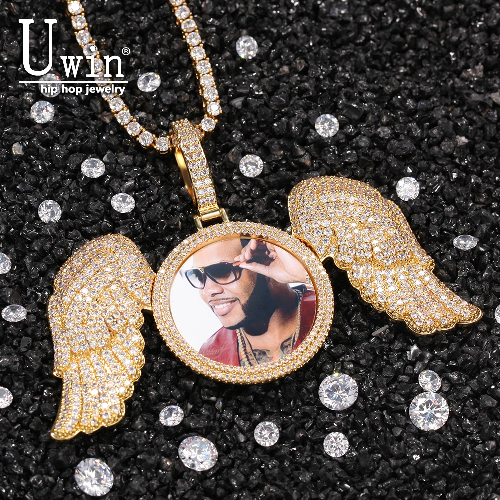 

Uwin Custom Photo Pendant With Angel Wings Men Charm Micro Pave Cubic Zirconia Iced Out Jewelry For Gift Tennis Chain