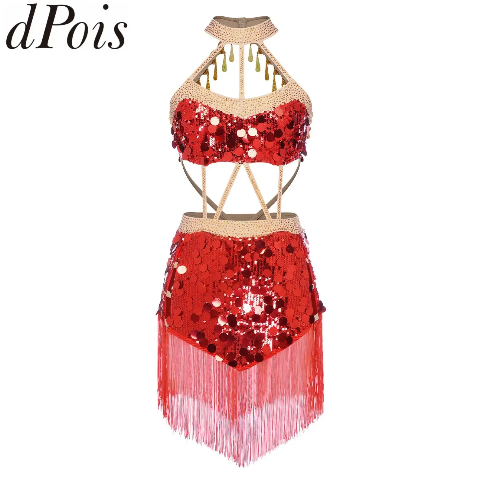 

Женский блестящий костюм для выступлений с пайетками и бахромой: боди с открытой спиной и бахромой для сальсы, латины, танго, ча-ча-ча, румбы, самбы