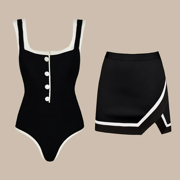 2Piece Vintage Swimsuit Set Contrast White Trim Square Neck Button One Piece Bathing Suit High Waist Skirt Cover Up Beach Outfit