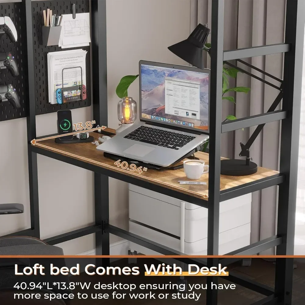 Bunk Beds Loft Bed, Desk and Charging Station, Storage Shelves and Drawers with Clothes Rail Safety Guard & Ladder, Bunk Bed