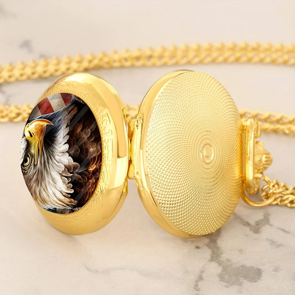 Luxury Bald Eagle Pocket Watch Animal Vintage Gold & Bronze Cool Exquisite Clock With Necklace Chain Men Children Best Gift