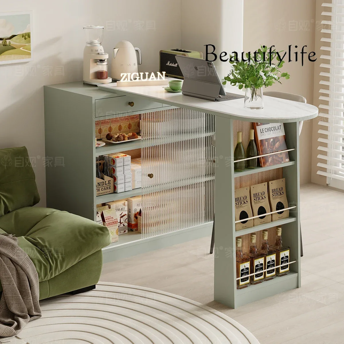 

American bar table integrated telescopic island table Nordic rock slab dining side cabinet green dining table small apartment