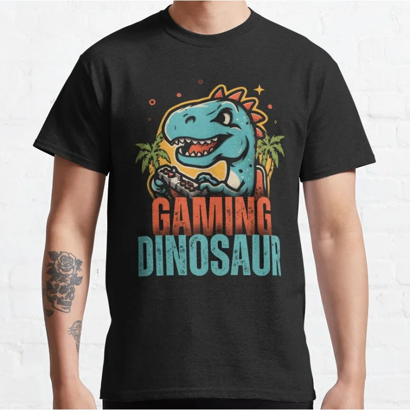 Dinosaur Playing Video Games Funny offline t rex 90s cartoon pixel dinosaur T-shirt for men large size Adult Tops S-6xl