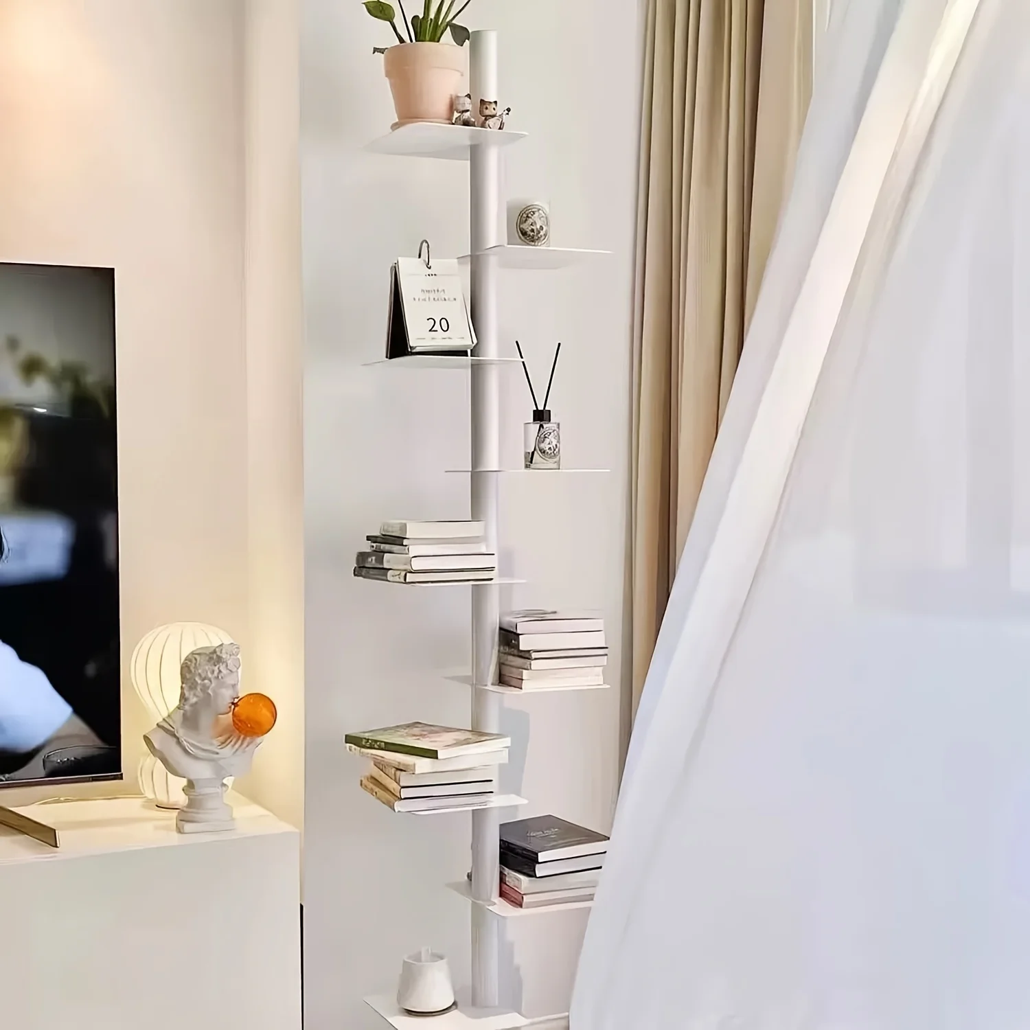 1 White Metal Rotating Corner Shelf - 9-layer Space Saving Display Rack, Installation-free Bookshelf, Suitable for Living Room