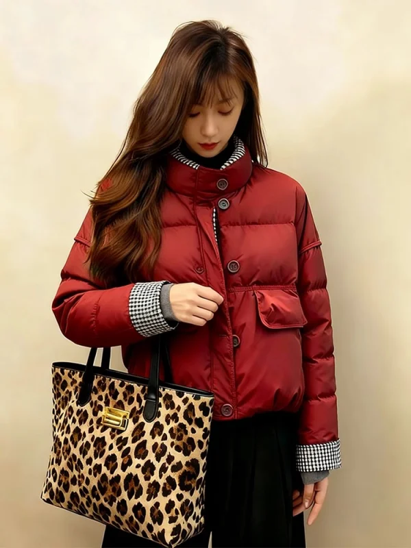

Красная клетчатая хлопковая куртка с вставками, легкая женская зимняя верхняя одежда в корейском стиле, свободный крой, длинный рукав, воротник-стойка