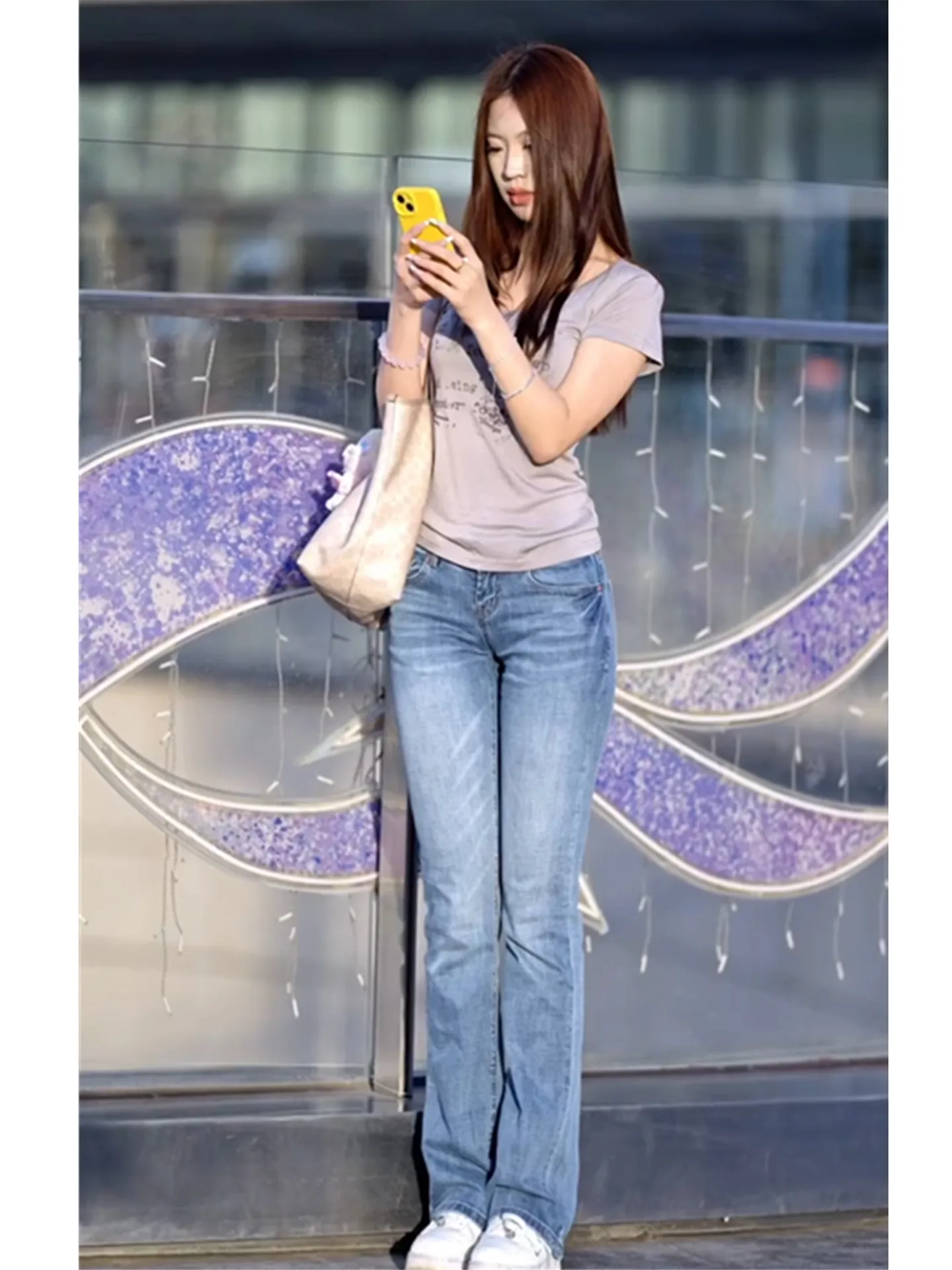 

Retro American Vintage Paw Low Waist Flared Jeans Women Summer Slimming Hot Girl Floor-Length Pants Casual Cotton Denim