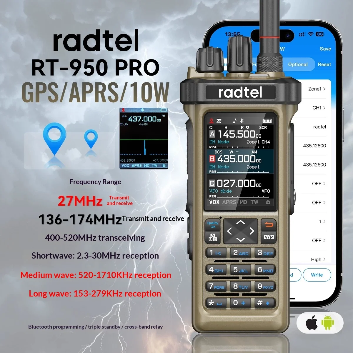 Radtel RT-950 Pro Sand Color Two Way Radio AM/FM/CW Aviation Band Receiver Handheld Ham Radio Walkie Talkie