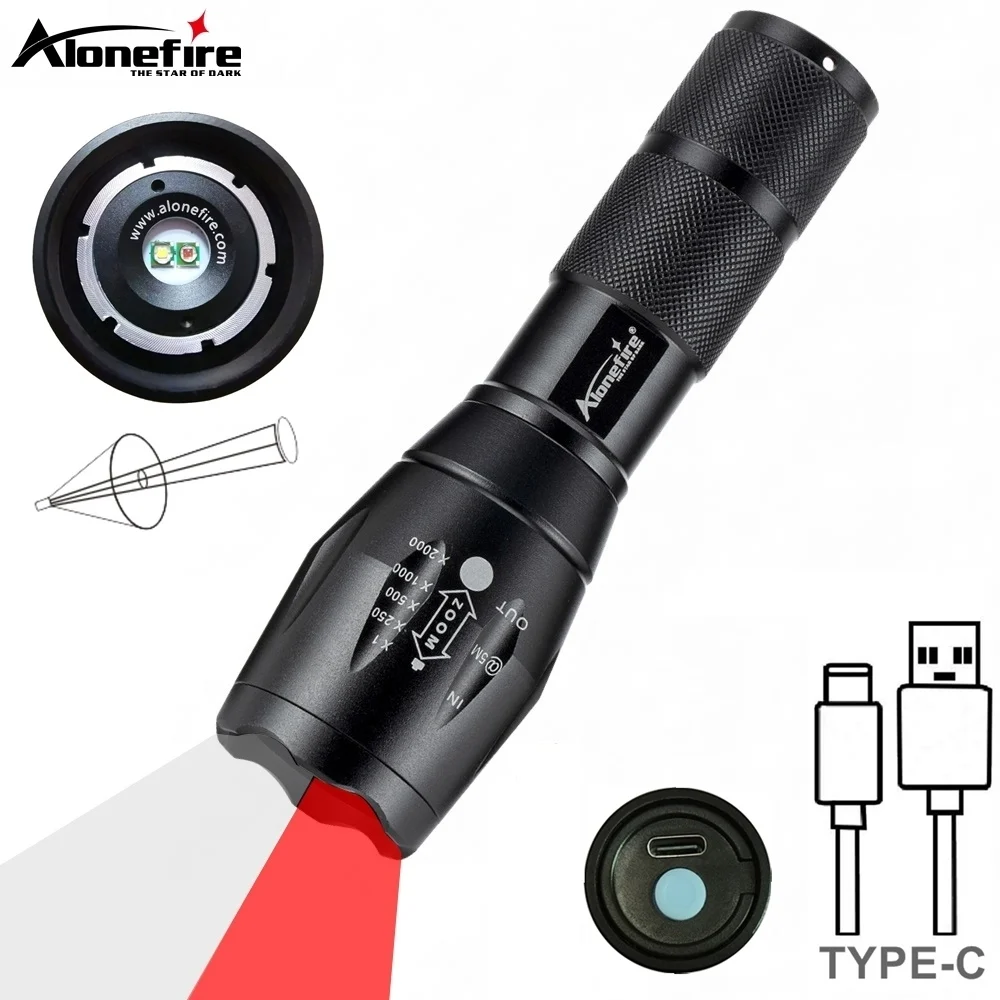 2 in 1 Zoomable Red/Green/Blue White light LED Flashlight USB Rechargeable Hunting Fishing Hiking Travel Camping Tactical Torch