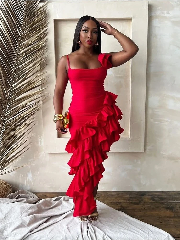 BWQ 여성 캐스 케이 딩 프릴 높은 분할 불규칙 드레스 2025 여름 생일 휴일 나이트 클럽 파티 Vestidos 섹시한 드레스