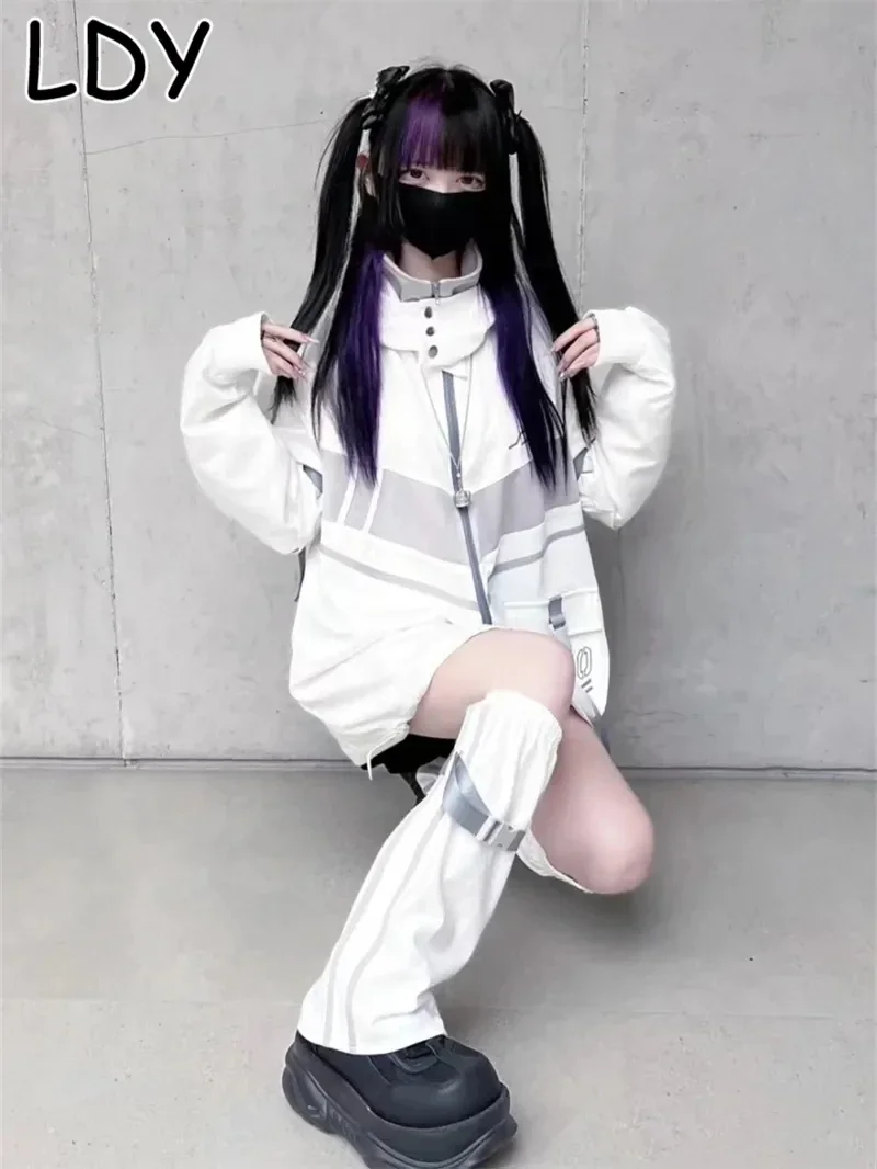 

Vintage Contrast Coats Women Loose Y2k Aesthetic Jackets 2025 Casual Grunge Zipper Tops Japanese Oversized Hoodies Streetwear