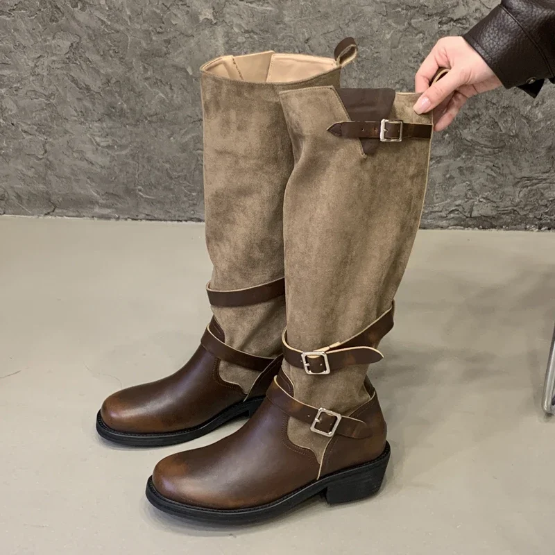

Aneikeh, зимние дизайнерские ботильоны с пряжкой на ремне, модные женские сапоги до колена в стиле панк в стиле ретро с круглым носком, туфли на низком квадратном каблуке