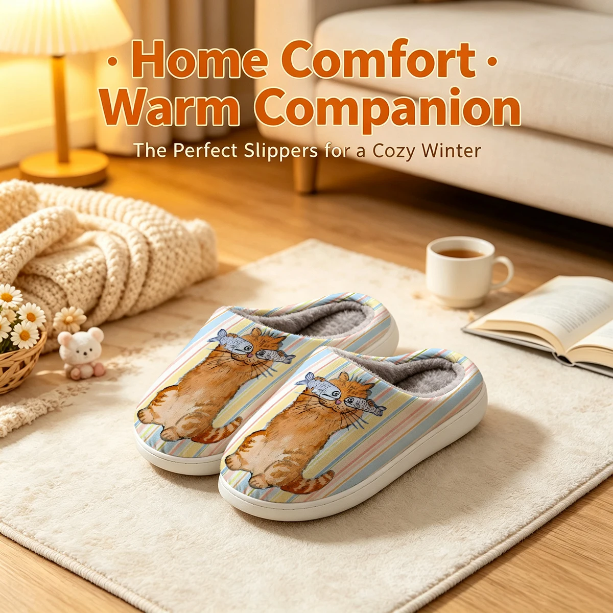 Funny Cat With Fish Stripe Christmas White Slippers Warm Plush Indoor Shoes Non-Slip Winter Slippers Family Holiday Gifts Soft view 3