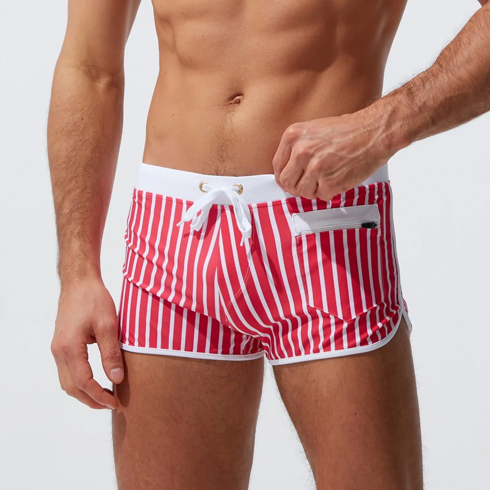 

Classic Stripe Men Swim Trunks Drawstring boxer briefs with Zipper Pocket Fashion Swimming Trunks Beach shorts Surfing Swimwear