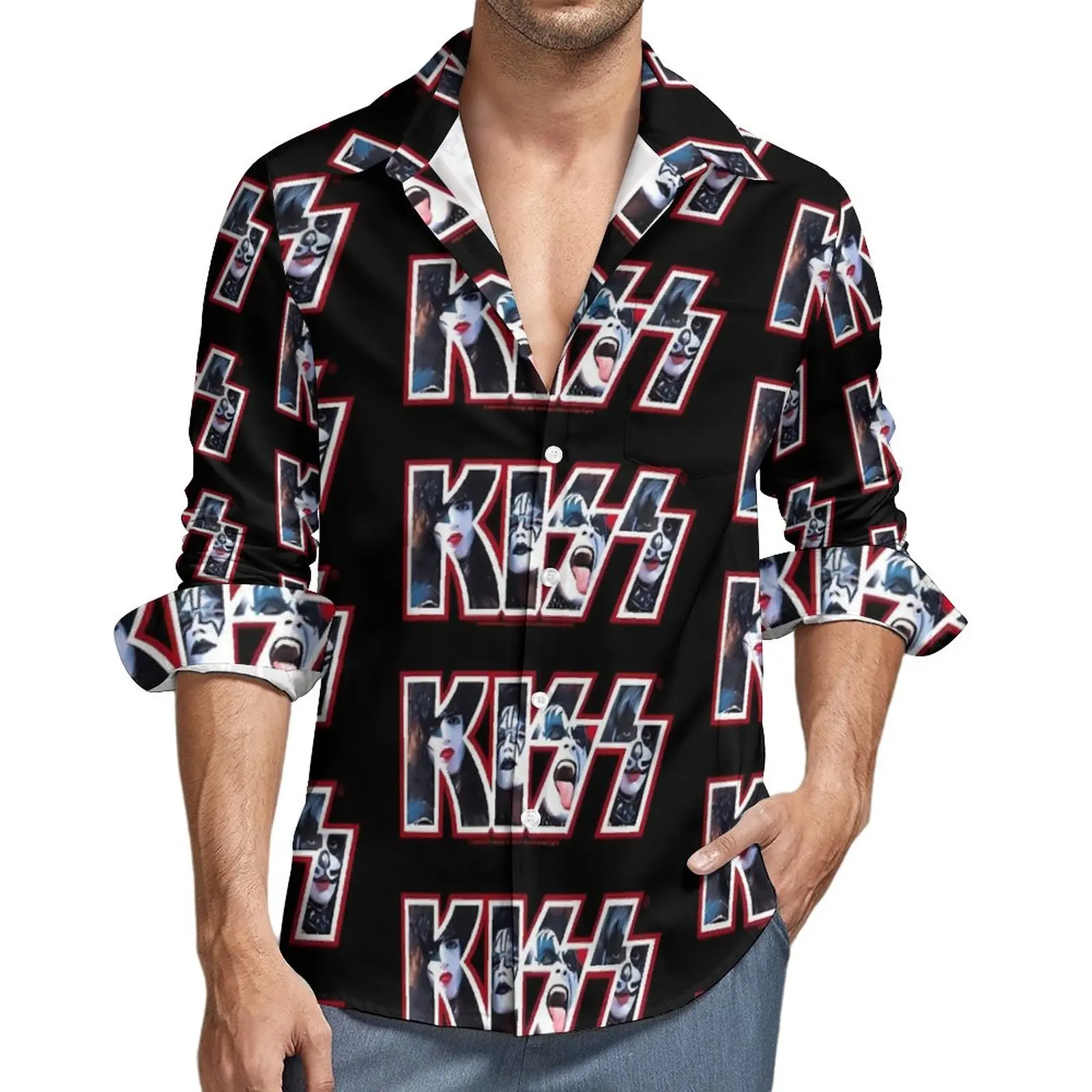 

Kiss Band Photo Logo Shirt Autumn Rock Band Casual Shirts Male Trendy Blouses Long Sleeve Custom Street Tops Plus Size