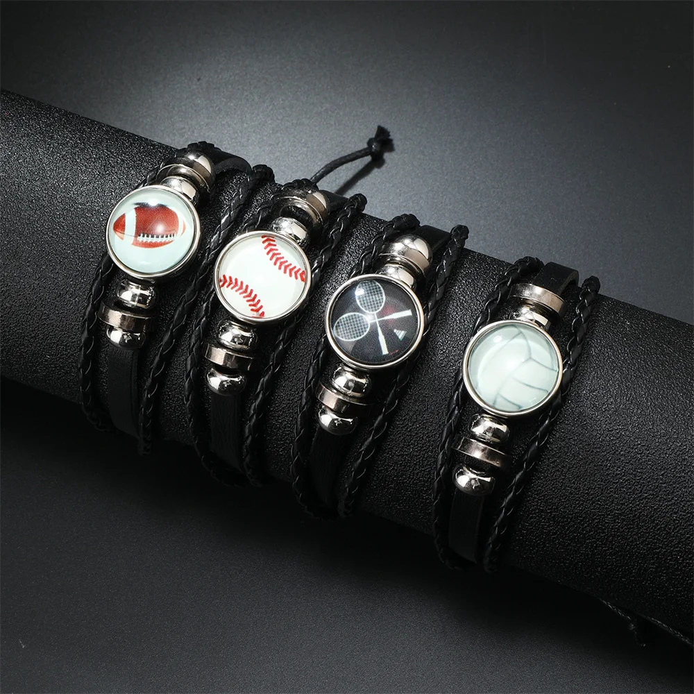 1pcs Fashion Beaded Football Fans Leather Bracelet Commemorative Gift Sports Wristband European And American Jewelry Accessories